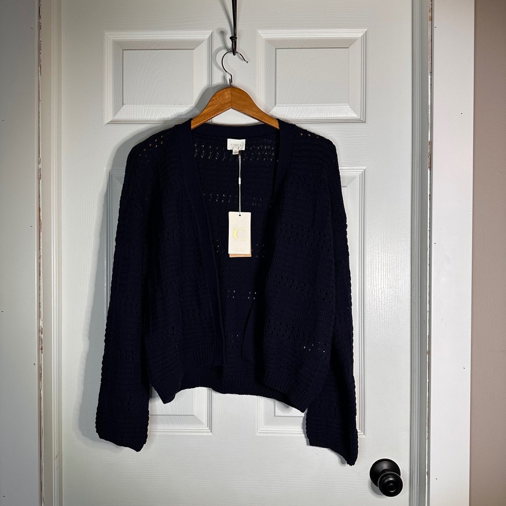 Cyrus Womens Open Front Pointelle Knit Cardigan Sweater Eclipse Navy‎ Blue
